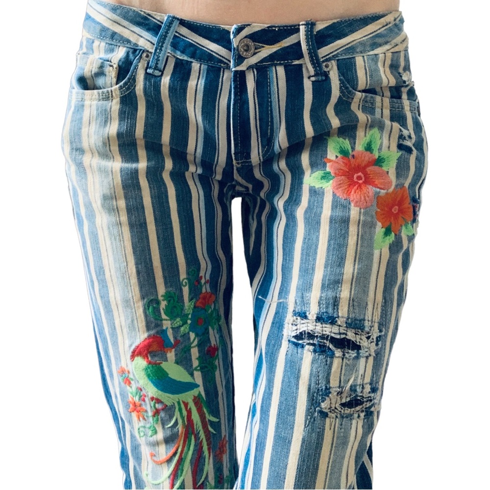 Blue Striped Embroidered Flare Jeans - Women - Picture 7 of 10